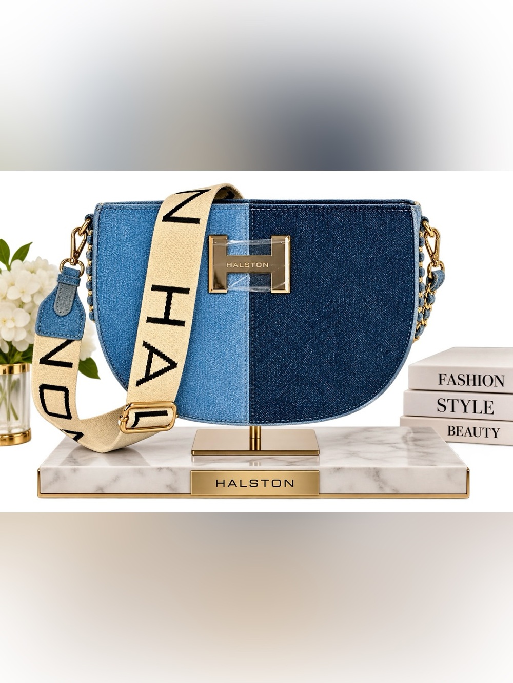 H by Halston Two Tone Denim Crossbody Bag Gold Chain Logo Strap NWT